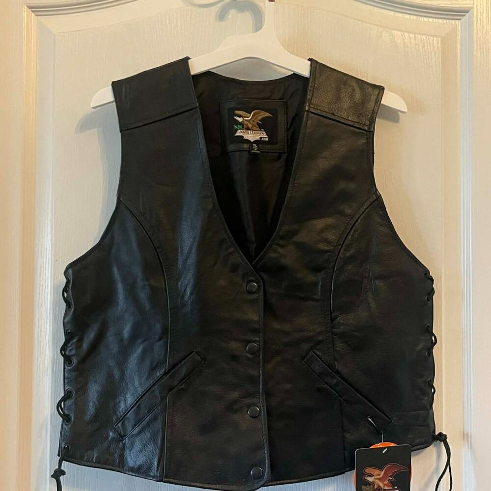 Jamin Leather Black Motorcycle Vest Youth size XL Black